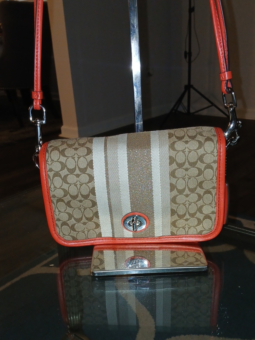 Coach Legacy Signature Canvas Stripe Penny Crossbody with Coral Trim